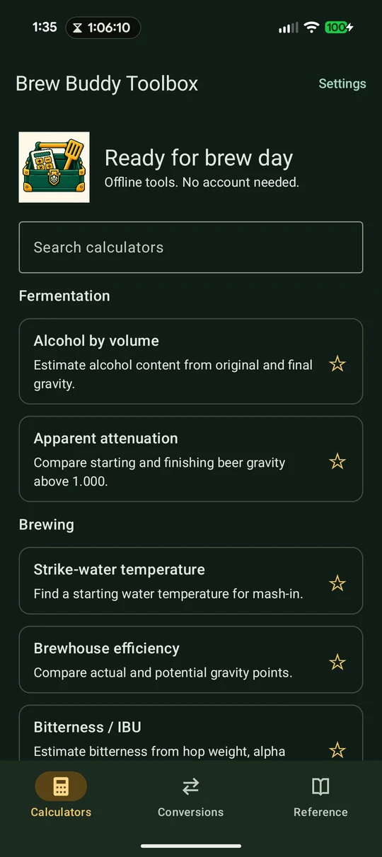 Brew Buddy Toolbox Android preview showing offline brewing calculators, search, conversions, and reference tabs