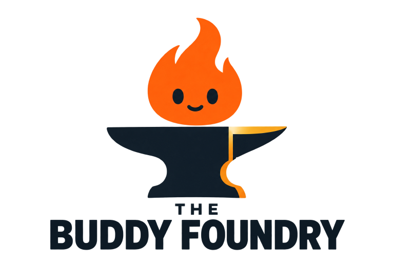 The Buddy Foundry, with Sparky the flame above an anvil